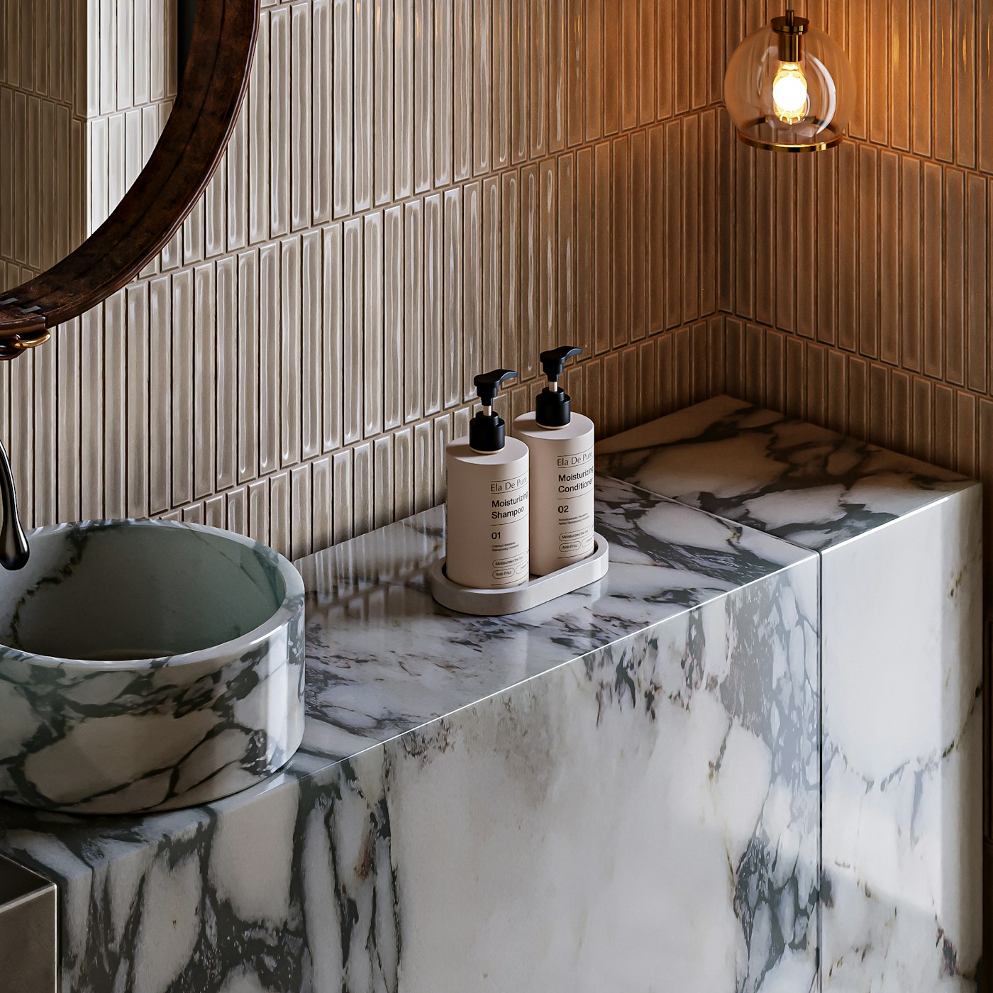 Arabescato desenli mermer banyo tezgahı ve mermer lavabo